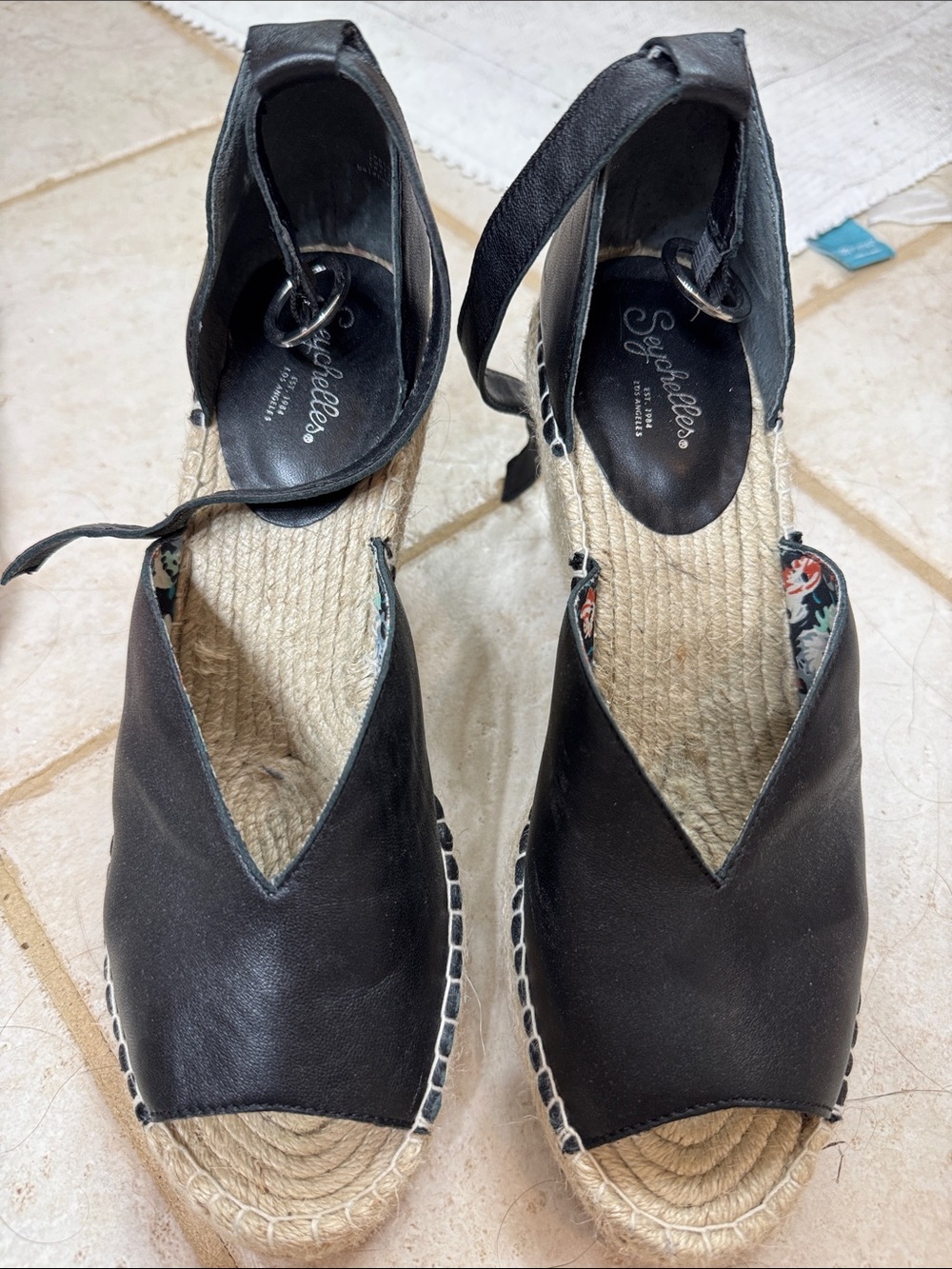 Seychelles Black Leather Peep-Toe Espadrille Wedge Sandals